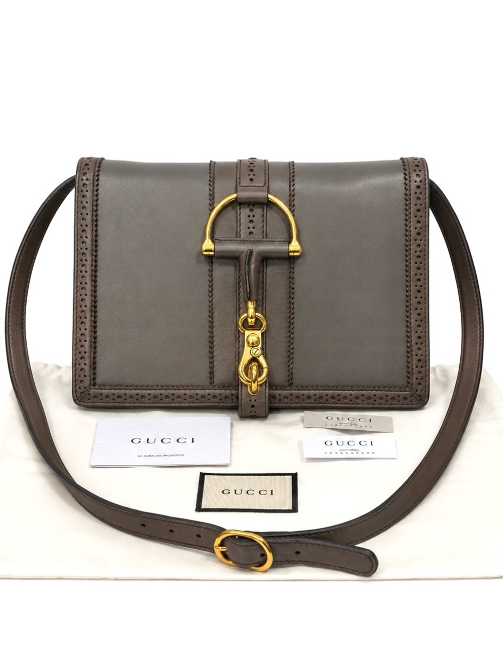 GUCCI Duilio Brogue Grey Leather Crossbody Bag W/ Dustbag & COA
